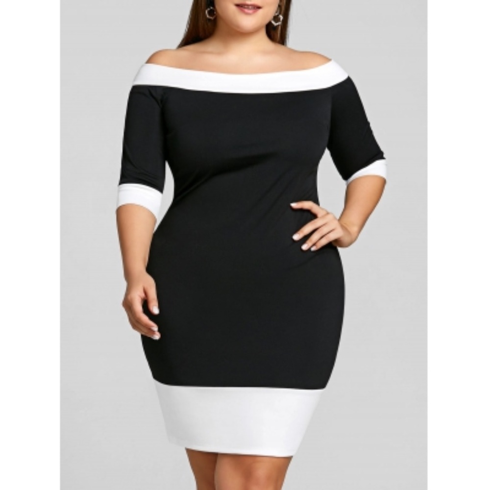 Plus Size Black & White Off Shoulder Sheath Dress